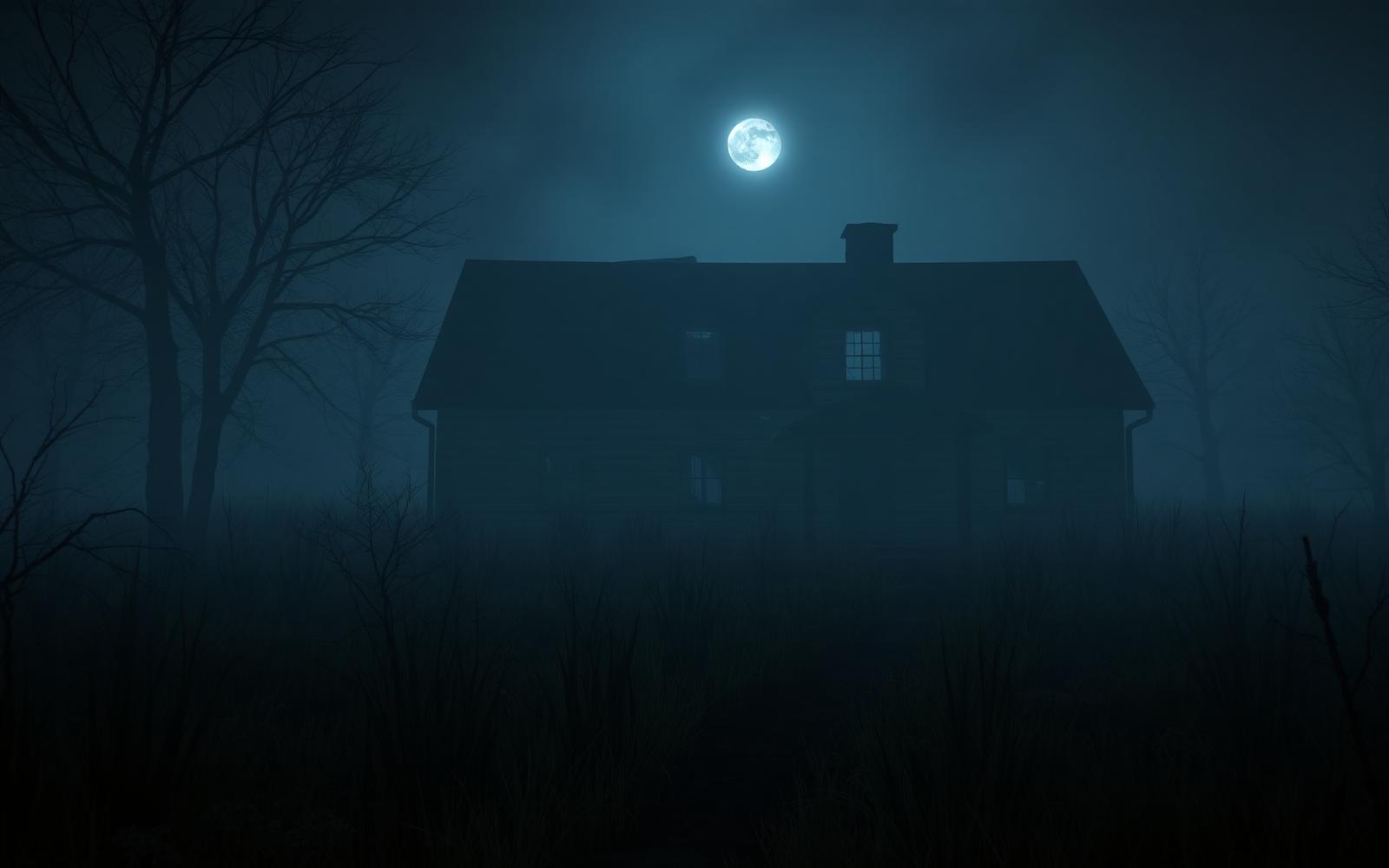 Abandoned farmhouse in fog at night