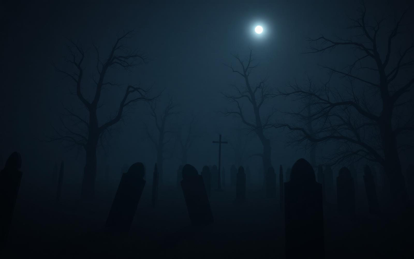 Foggy graveyard at night under the moon