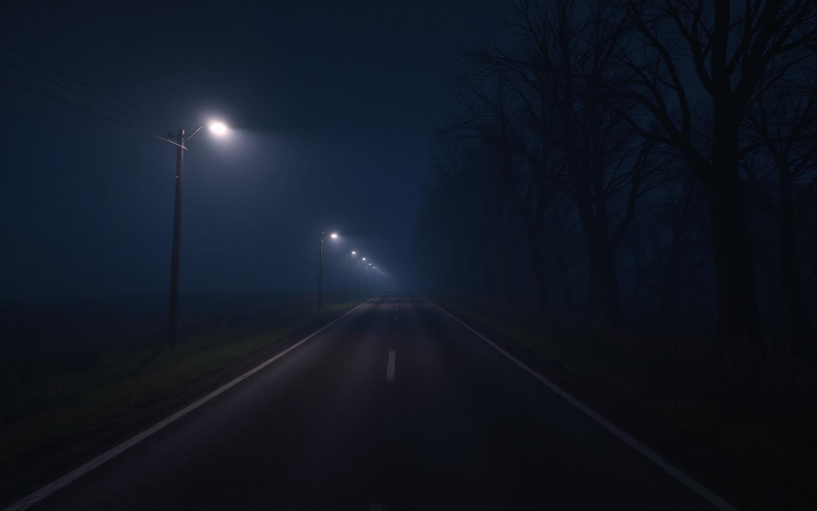 Empty foggy rural road at night