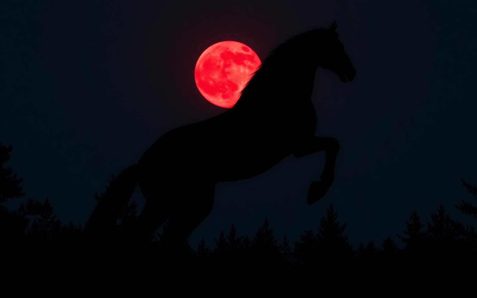 The Long Horse silhouette against a blood moon